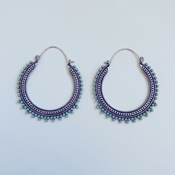 Large Silver Beaded Turquoise Hoops - Picture 1 of 5